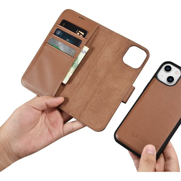 iCarer iCarer Wallet Case 2in1 etui iPhone 14 Plus skórzany pokrowiec z klapką Anti-RFID brązowy (WMI14220727-BN)