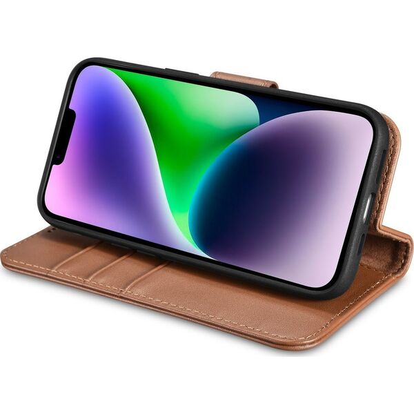 iCarer iCarer Wallet Case 2in1 etui iPhone 14 Plus skórzany pokrowiec z klapką Anti-RFID brązowy (WMI14220727-BN)
