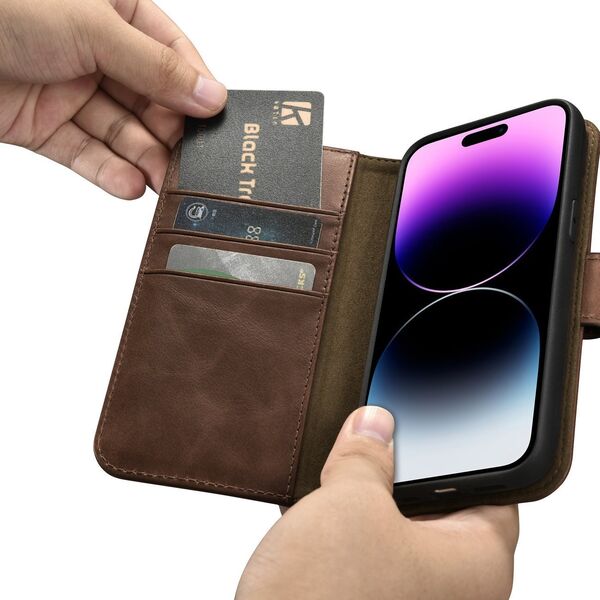iCarer iCarer Oil Wax Wallet Case 2in1 etui iPhone 14 Pro Max skórzany pokrowiec z klapką Anti-RFID brązowy (WMI14220724-BN)