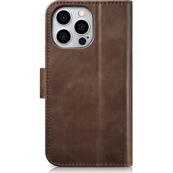 iCarer iCarer Oil Wax Wallet Case 2in1 etui iPhone 14 Pro Max skórzany pokrowiec z klapką Anti-RFID brązowy (WMI14220724-BN)