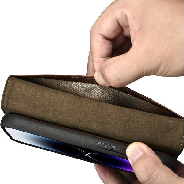 iCarer iCarer Oil Wax Wallet Case 2in1 etui iPhone 14 Pro Max skórzany pokrowiec z klapką Anti-RFID brązowy (WMI14220724-BN)
