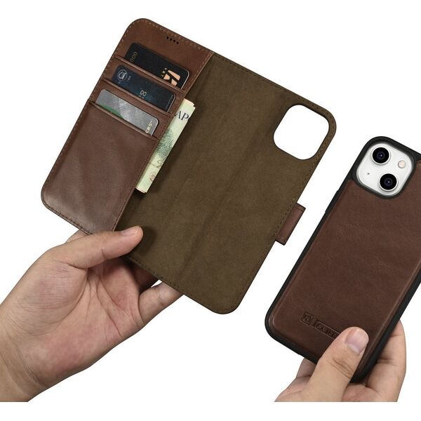 iCarer iCarer Oil Wax Wallet Case 2in1 etui iPhone 14 Plus skórzany pokrowiec z klapką Anti-RFID brązowy (WMI14220723-BN)