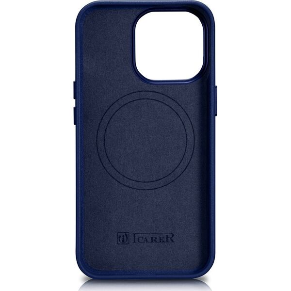 iCarer iCarer Case Leather pokrowiec etui z naturalnej skóry do iPhone 14 Pro Max niebieski (WMI14220708-BU) (kompatybilne z MagSafe)