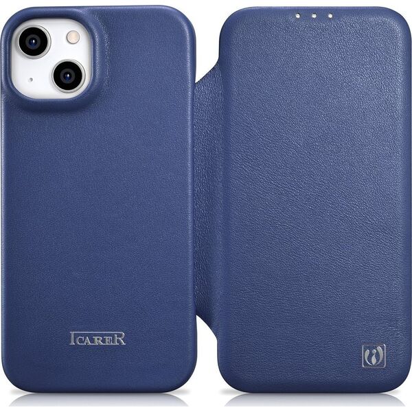 iCarer iCarer CE Premium Leather Folio Case skórzane etui iPhone 14 Plus z klapką magnetyczne MagSafe niebieski (WMI14220715-BU)