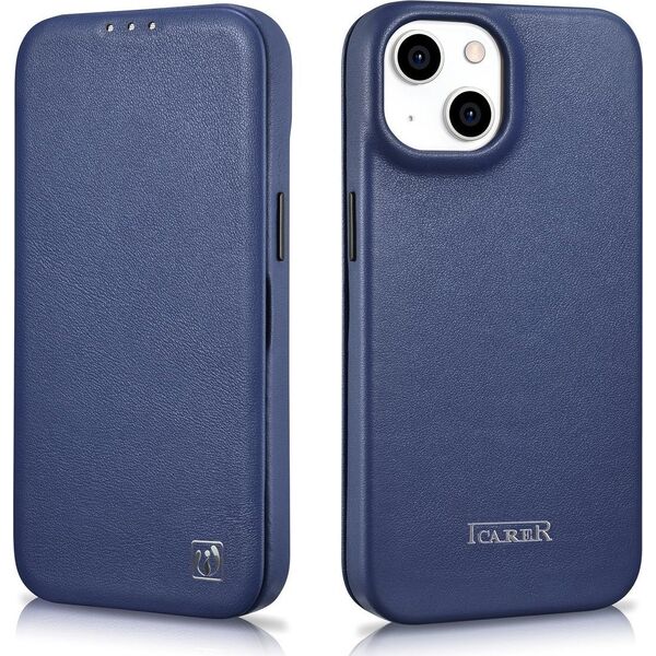 iCarer iCarer CE Premium Leather Folio Case skórzane etui iPhone 14 Plus z klapką magnetyczne MagSafe niebieski (WMI14220715-BU)