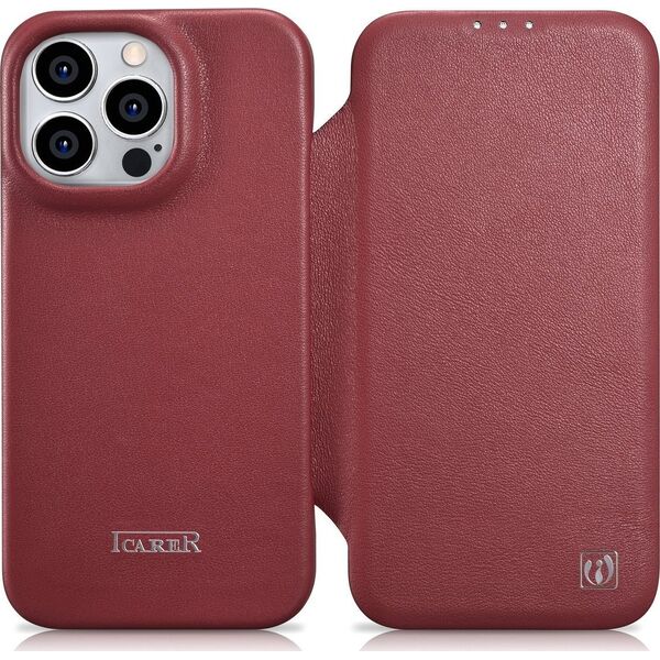 iCarer iCarer CE Premium Leather Folio Case skórzane etui iPhone 14 Pro Max z klapką magnetyczne MagSafe czerwony (WMI14220716-RD)