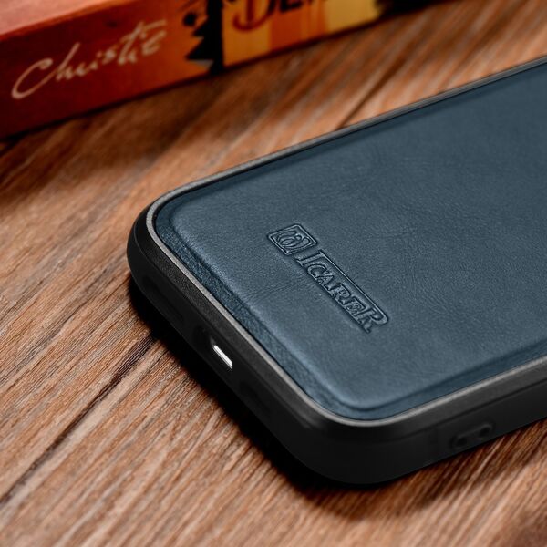 iCarer iCarer Leather Oil Wax etui pokryte naturalną skórą do iPhone 14 Pro (kompatybilne z MagSafe) niebieski (WMI14220718-BU)