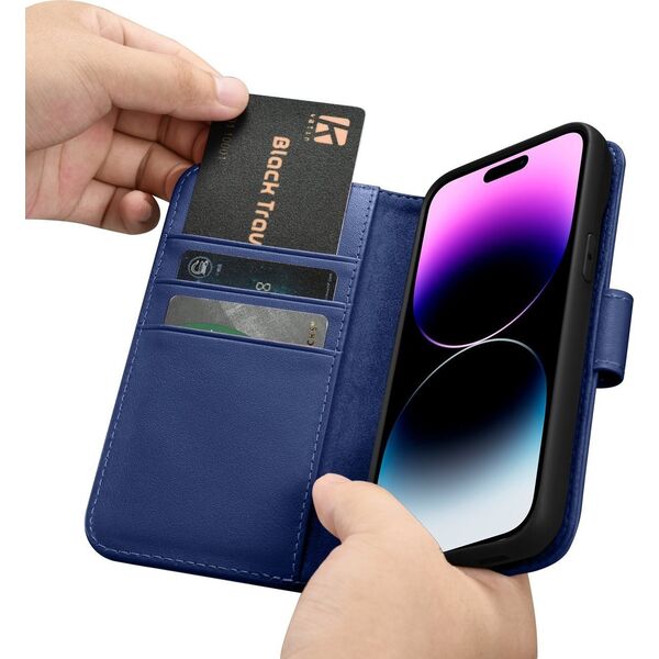 iCarer iCarer Wallet Case 2in1 etui iPhone 14 Pro skórzany pokrowiec z klapką Anti-RFID niebieski (WMI14220726-BU)