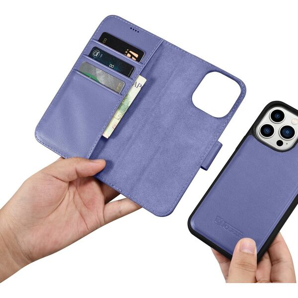 iCarer iCarer Wallet Case 2in1 etui iPhone 14 Pro Max skórzany pokrowiec z klapką Anti-RFID jasnofioletowy (WMI14220728-LP)