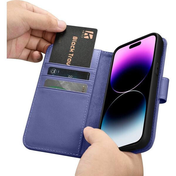 iCarer iCarer Wallet Case 2in1 etui iPhone 14 Pro Max skórzany pokrowiec z klapką Anti-RFID jasnofioletowy (WMI14220728-LP)
