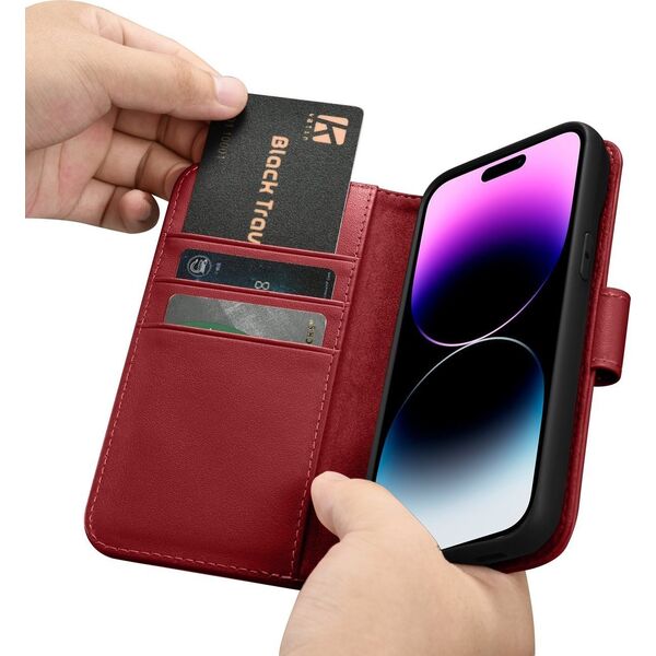 iCarer iCarer Wallet Case 2in1 etui iPhone 14 Pro Max skórzany pokrowiec z klapką Anti-RFID czerwony (WMI14220728-RD)