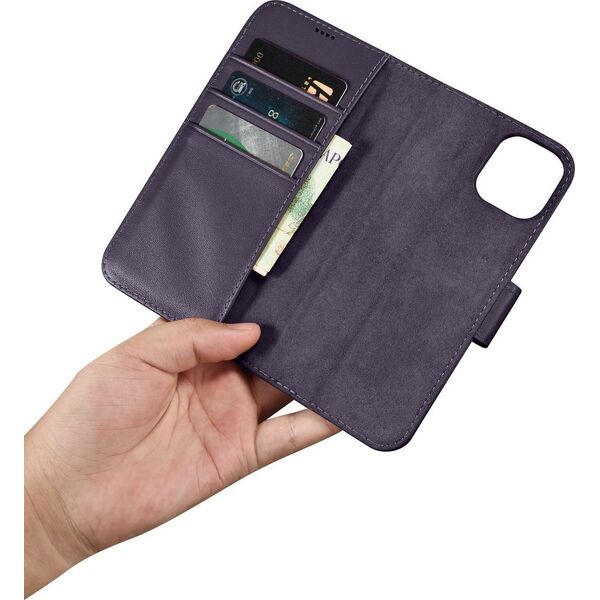 iCarer iCarer Wallet Case 2in1 etui iPhone 14 Plus skórzany pokrowiec z klapką Anti-RFID ciemnofioletowy (WMI14220727-DP)