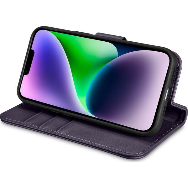 iCarer iCarer Wallet Case 2in1 etui iPhone 14 Plus skórzany pokrowiec z klapką Anti-RFID ciemnofioletowy (WMI14220727-DP)