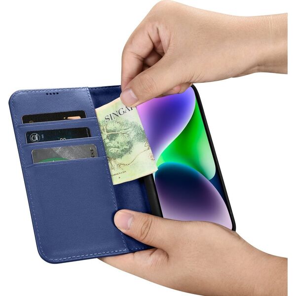 iCarer iCarer Wallet Case 2in1 etui iPhone 14 Plus skórzany pokrowiec z klapką Anti-RFID niebieski (WMI14220727-BU)