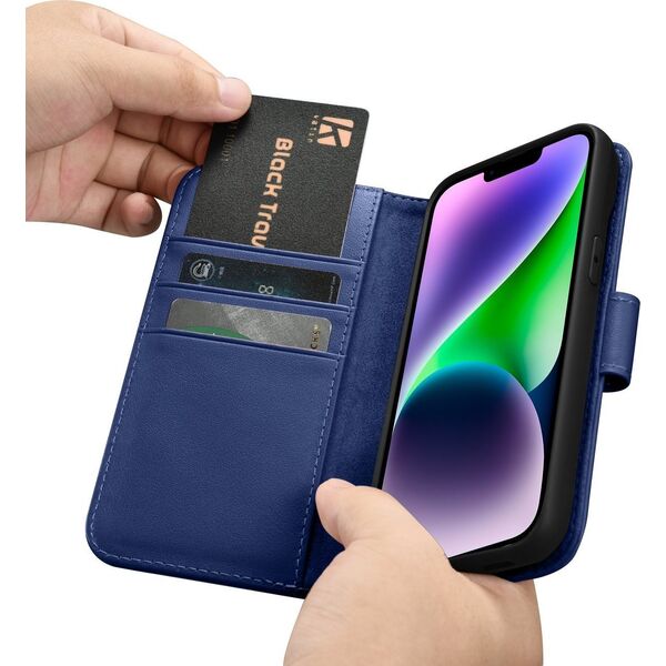 iCarer iCarer Wallet Case 2in1 etui iPhone 14 Plus skórzany pokrowiec z klapką Anti-RFID niebieski (WMI14220727-BU)
