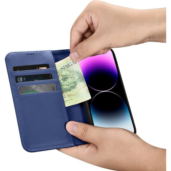 iCarer iCarer Wallet Case 2in1 etui iPhone 14 Pro Max skórzany pokrowiec z klapką Anti-RFID niebieski (WMI14220728-BU)