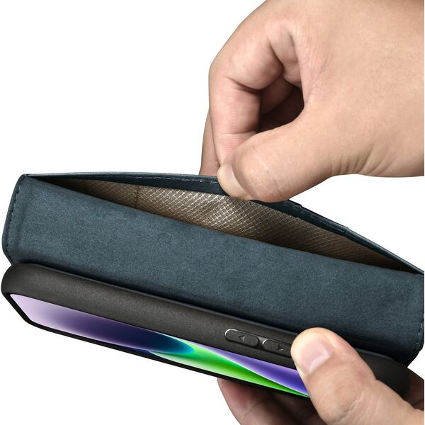 iCarer iCarer Oil Wax Wallet Case 2in1 etui iPhone 14 Plus skórzany pokrowiec z klapką Anti-RFID niebieski (WMI14220723-BU)