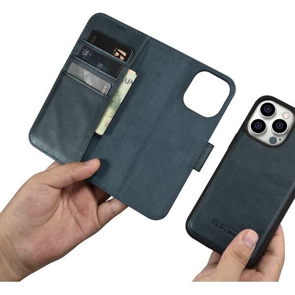 iCarer iCarer Oil Wax Wallet Case 2in1 etui iPhone 14 Pro Max skórzany pokrowiec z klapką Anti-RFID niebieski (WMI14220724-BU)