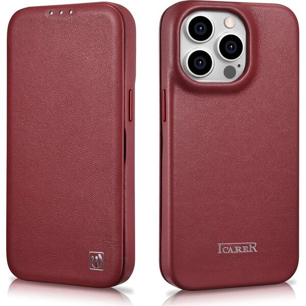 iCarer iCarer CE Premium Leather Folio Case skórzane etui iPhone 14 Pro z klapką magnetyczne MagSafe czerwony (WMI14220714-RD)