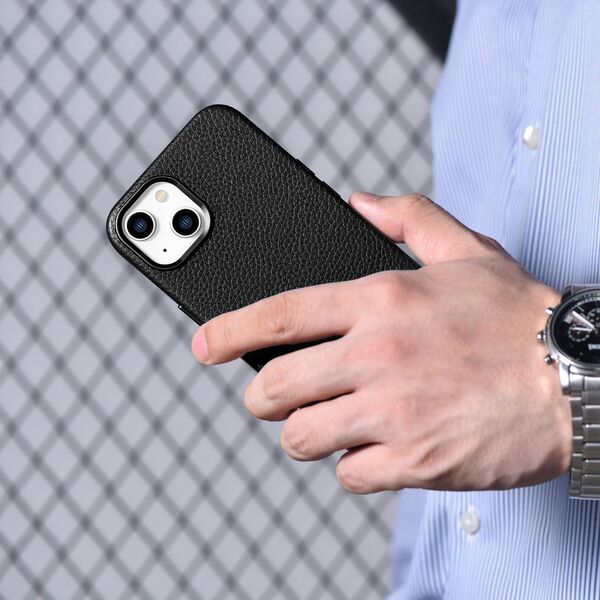 iCarer iCarer Litchi Premium Leather Case skórzane etui iPhone 14 Plus magnetyczne z MagSafe czarny (WMI14220711-BK)