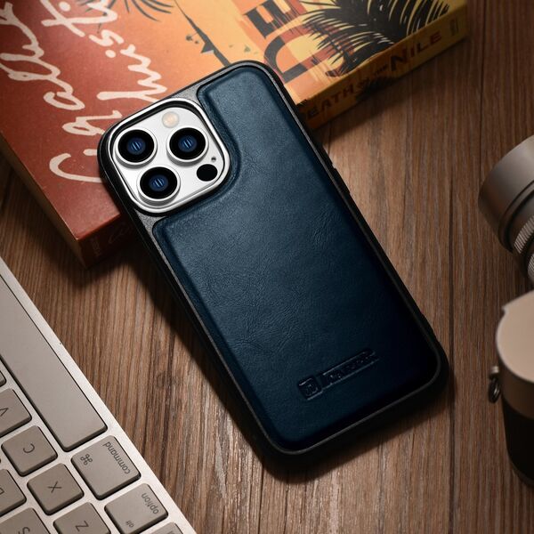 iCarer iCarer Leather Oil Wax etui pokryte naturalną skórą do iPhone 14 Pro Max (kompatybilne z MagSafe) niebieski (WMI14220720-BU)