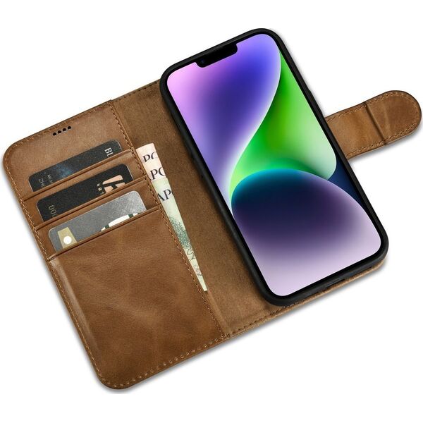 iCarer iCarer Oil Wax Wallet Case 2in1 etui iPhone 14 skórzany pokrowiec z klapką Anti-RFID brązowy (WMI14220721-TN)