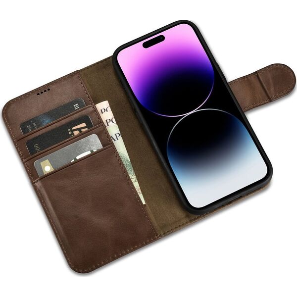 iCarer iCarer Oil Wax Wallet Case 2in1 etui iPhone 14 Pro skórzany pokrowiec z klapką Anti-RFID brązowy (WMI14220722-BN)