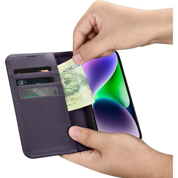 iCarer iCarer Wallet Case 2in1 etui iPhone 14 skórzany pokrowiec z klapką Anti-RFID ciemnofioletowy (WMI14220725-DP)