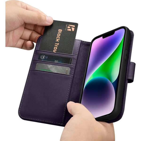 iCarer iCarer Wallet Case 2in1 etui iPhone 14 skórzany pokrowiec z klapką Anti-RFID ciemnofioletowy (WMI14220725-DP)