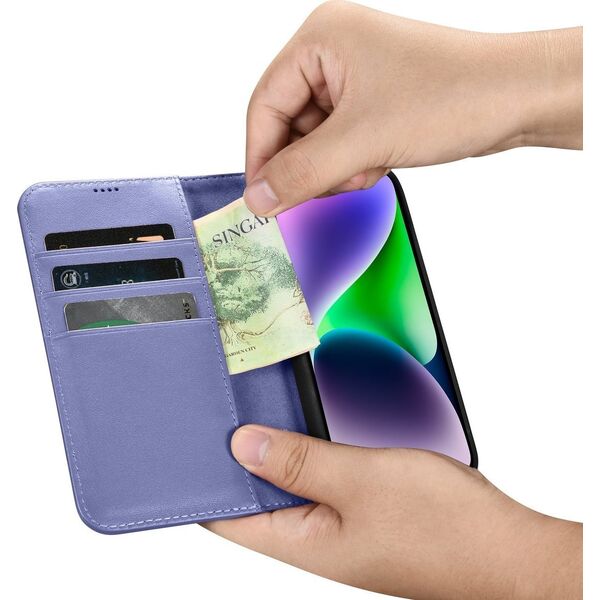 iCarer iCarer Wallet Case 2in1 etui iPhone 14 skórzany pokrowiec z klapką Anti-RFID jasnofioletowy (WMI14220725-LP)