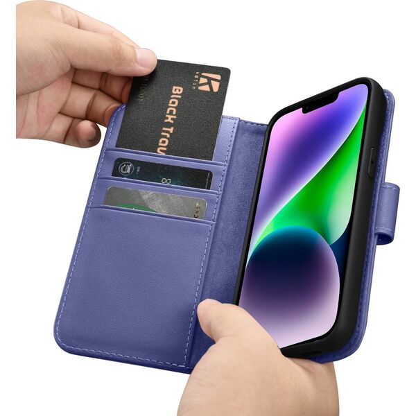 iCarer iCarer Wallet Case 2in1 etui iPhone 14 skórzany pokrowiec z klapką Anti-RFID jasnofioletowy (WMI14220725-LP)