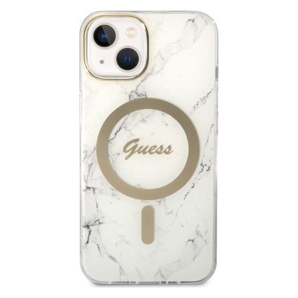 Guess Zestaw Guess GUBPP14SHMEACSH Case+ Charger iPhone 14 6,1" biały/white hard case Marble MagSafe NoSize