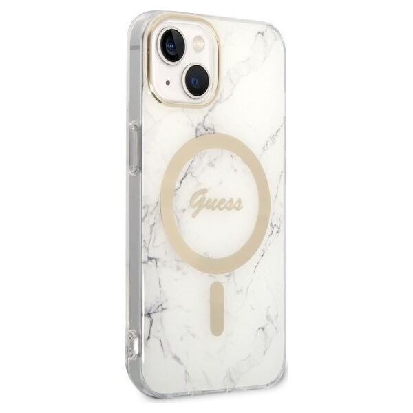 Guess Zestaw Guess GUBPP14SHMEACSH Case+ Charger iPhone 14 6,1" biały/white hard case Marble MagSafe NoSize