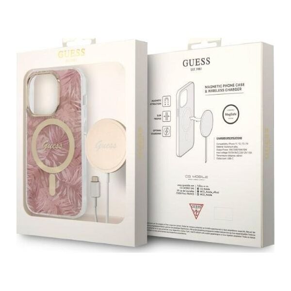 Guess Zestaw Guess GUBPP14LHJEACSP Case+ Charger iPhone 14 Pro 6,1" różowy/pink hard case Jungle MagSafe NoSize