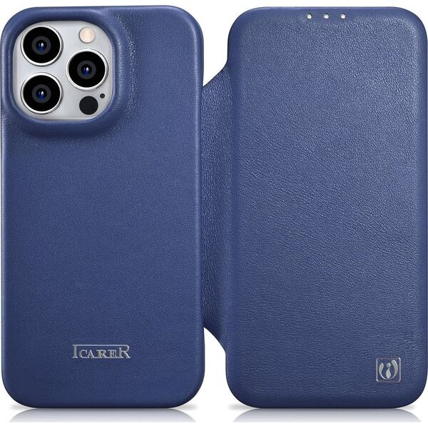 iCarer iCarer CE Premium Leather Folio Case skórzane etui iPhone 14 Pro z klapką magnetyczne MagSafe niebieski (WMI14220714-BU)