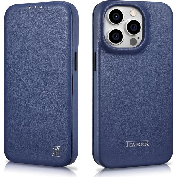 iCarer iCarer CE Premium Leather Folio Case skórzane etui iPhone 14 Pro z klapką magnetyczne MagSafe niebieski (WMI14220714-BU)