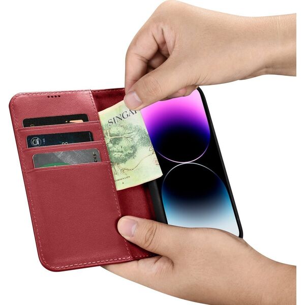 iCarer iCarer Wallet Case 2in1 etui iPhone 14 Pro skórzany pokrowiec z klapką Anti-RFID czerwony (WMI14220726-RD)