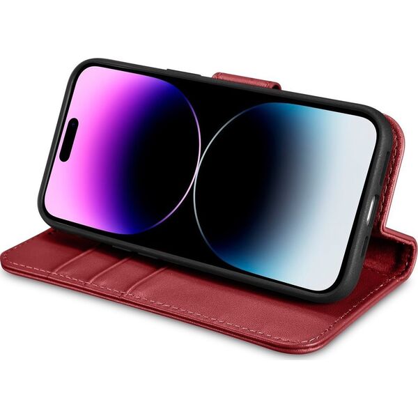 iCarer iCarer Wallet Case 2in1 etui iPhone 14 Pro skórzany pokrowiec z klapką Anti-RFID czerwony (WMI14220726-RD)