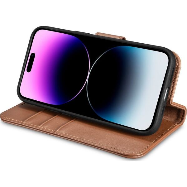 iCarer iCarer Wallet Case 2in1 etui iPhone 14 Pro skórzany pokrowiec z klapką Anti-RFID brązowy (WMI14220726-BN)