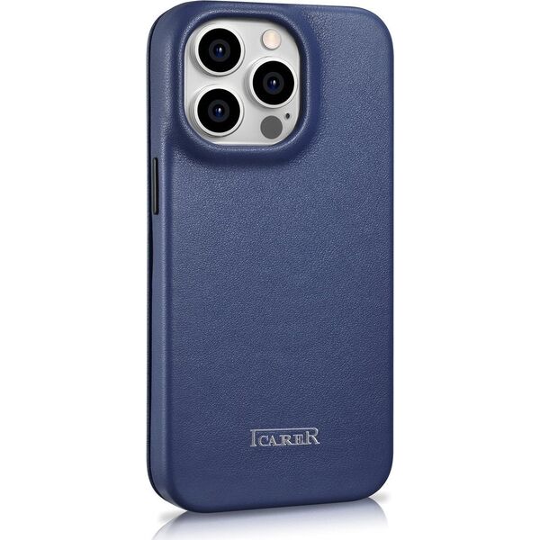 iCarer iCarer CE Premium Leather Folio Case skórzane etui iPhone 14 Pro Max z klapką magnetyczne MagSafe niebieski (WMI14220716-BU)