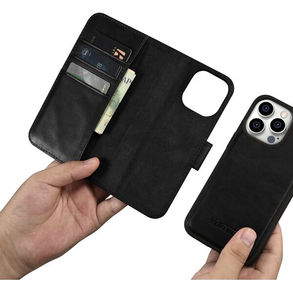 iCarer iCarer Oil Wax Wallet Case 2in1 etui iPhone 14 Pro skórzany pokrowiec z klapką Anti-RFID czarny (WMI14220722-BK)