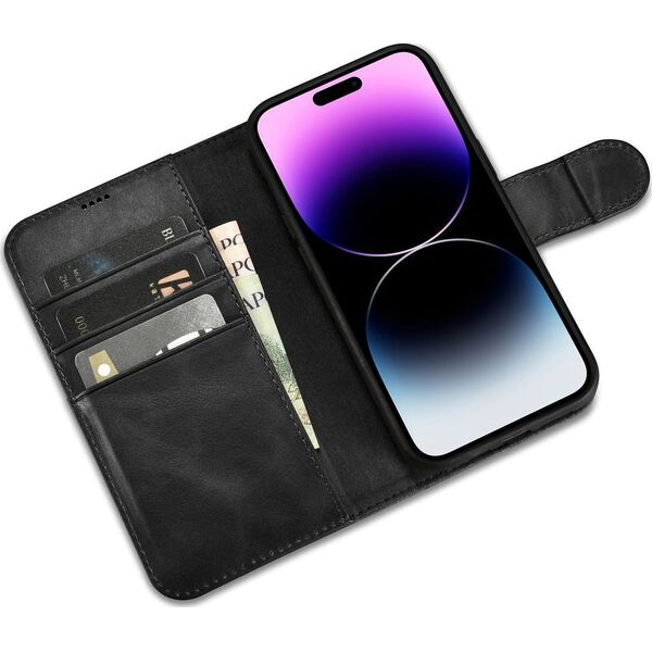 iCarer iCarer Oil Wax Wallet Case 2in1 etui iPhone 14 Pro skórzany pokrowiec z klapką Anti-RFID czarny (WMI14220722-BK)