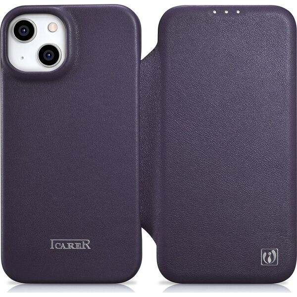 iCarer iCarer CE Premium Leather Folio Case skórzane etui iPhone 14 Plus z klapką magnetyczne MagSafe ciemnofioletowy (WMI14220715-DP)