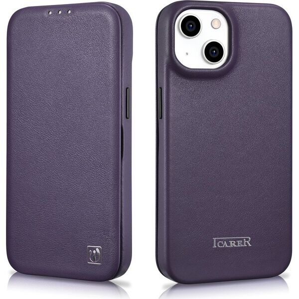 iCarer iCarer CE Premium Leather Folio Case skórzane etui iPhone 14 Plus z klapką magnetyczne MagSafe ciemnofioletowy (WMI14220715-DP)