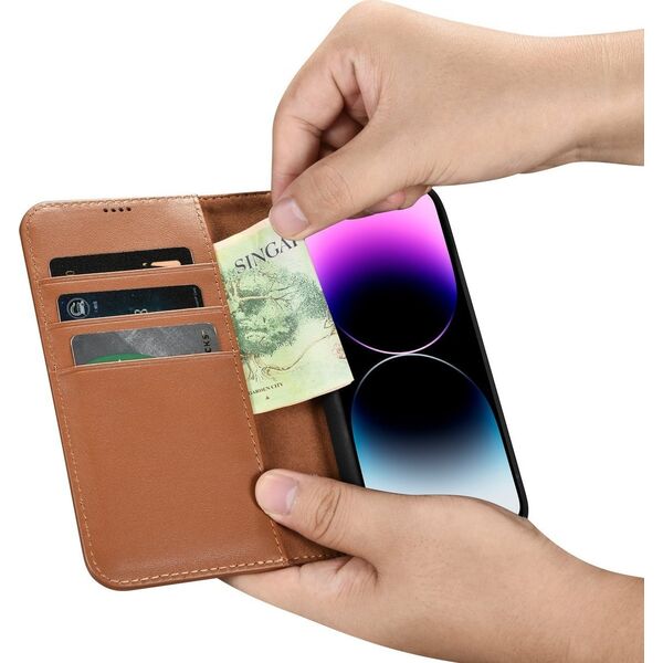 iCarer iCarer Wallet Case 2in1 etui iPhone 14 Pro Max skórzany pokrowiec z klapką Anti-RFID brązowy (WMI14220728-BN)