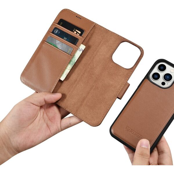 iCarer iCarer Wallet Case 2in1 etui iPhone 14 Pro Max skórzany pokrowiec z klapką Anti-RFID brązowy (WMI14220728-BN)