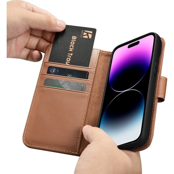 iCarer iCarer Wallet Case 2in1 etui iPhone 14 Pro Max skórzany pokrowiec z klapką Anti-RFID brązowy (WMI14220728-BN)
