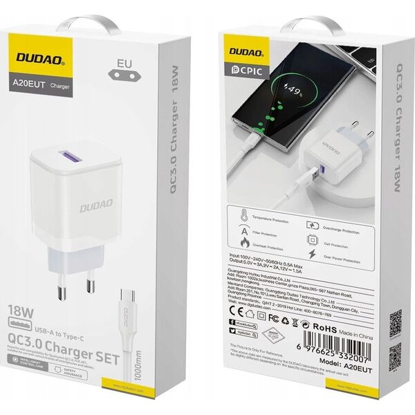 Ładowarka Dudao Ładowarka Dudao A20EU sieciowa USB-A 18W - biała + kabel USB-A - USB-C