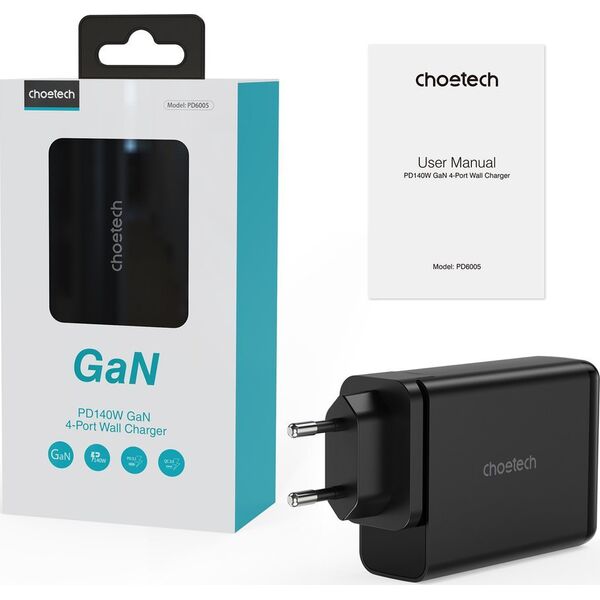 Ładowarka Choetech Choetech ładowarka GaN 140W 4 porty (2x USB C, 2x USB) czarna (PD6005)