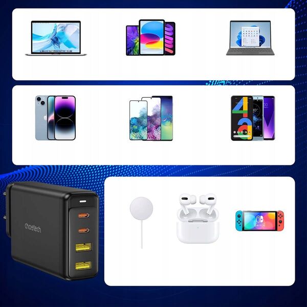 Ładowarka Choetech Choetech ładowarka GaN 140W 4 porty (2x USB C, 2x USB) czarna (PD6005)